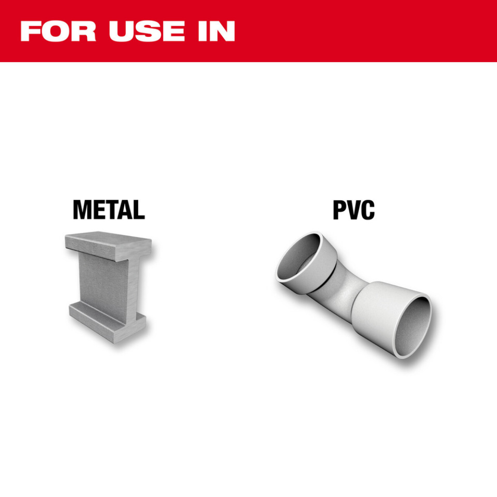 Diagram showing 1 in. hole saw applications for cutting through metal and PVC materials.