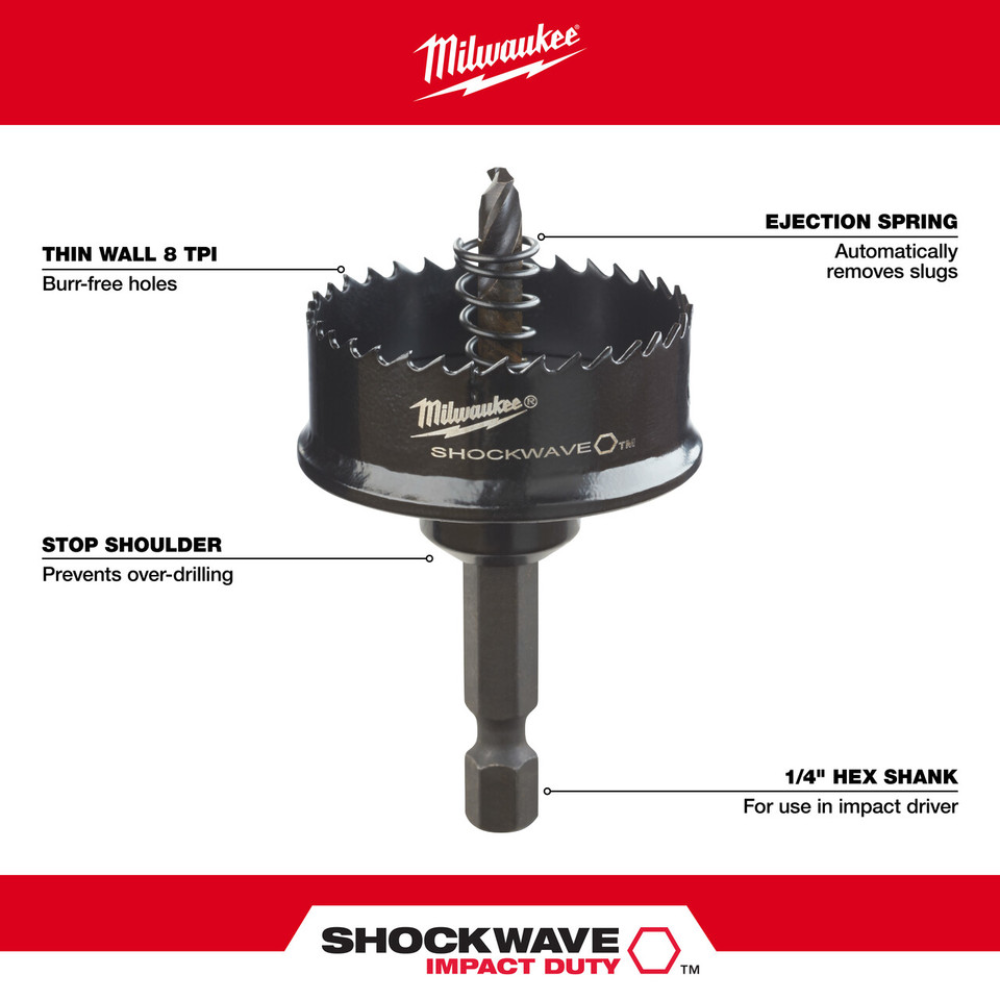 Milwaukee Shockwave 1 in. hole saw with thin wall teeth, ejection spring, stop shoulder, and 1/4 in. hex shank.
