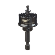 Black Milwaukee Shockwave hole saw with serrated cutting edge and hex drive shaft on white background.