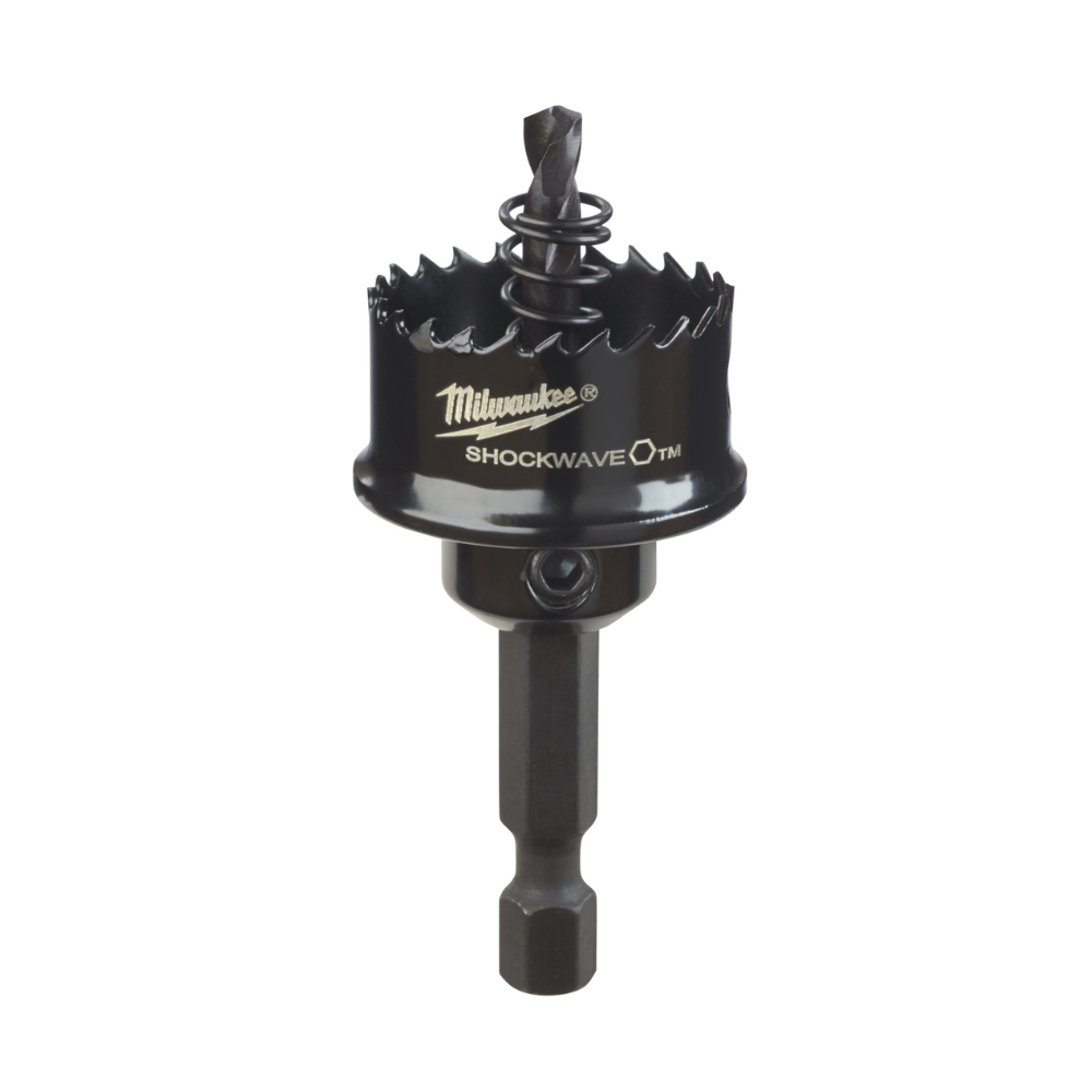 Black Milwaukee Shockwave hole saw with serrated cutting edge and hex drive shaft on white background.