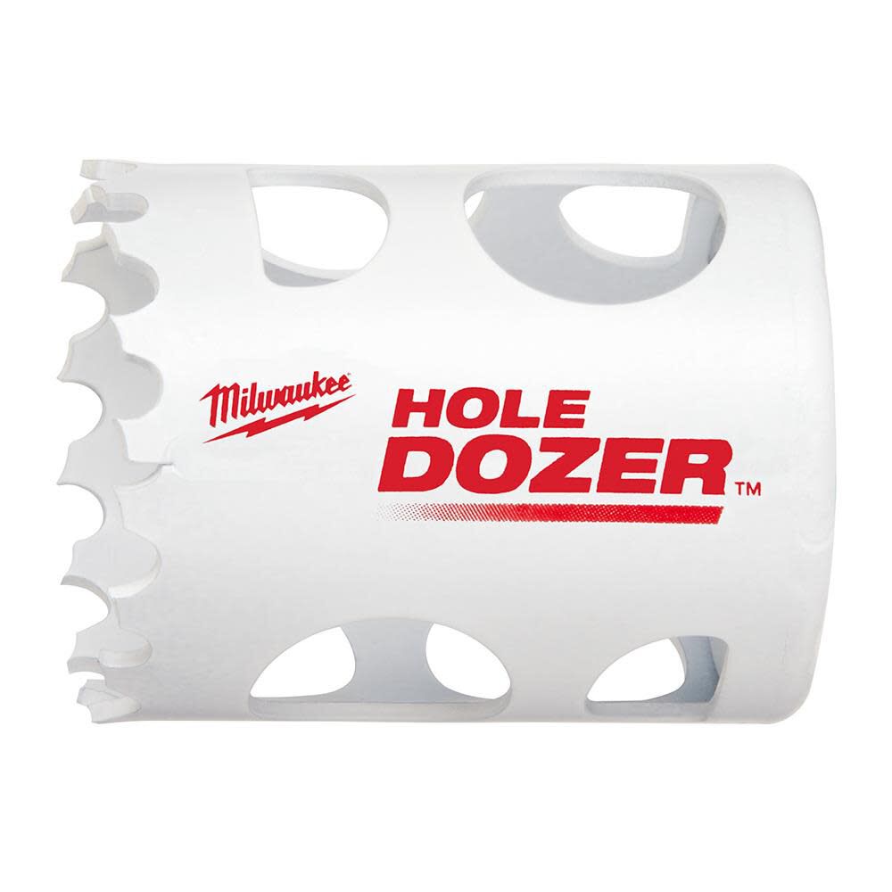 White cylindrical hole saw with serrated cutting edge and Milwaukee HOLE DOZER branding in red text.
