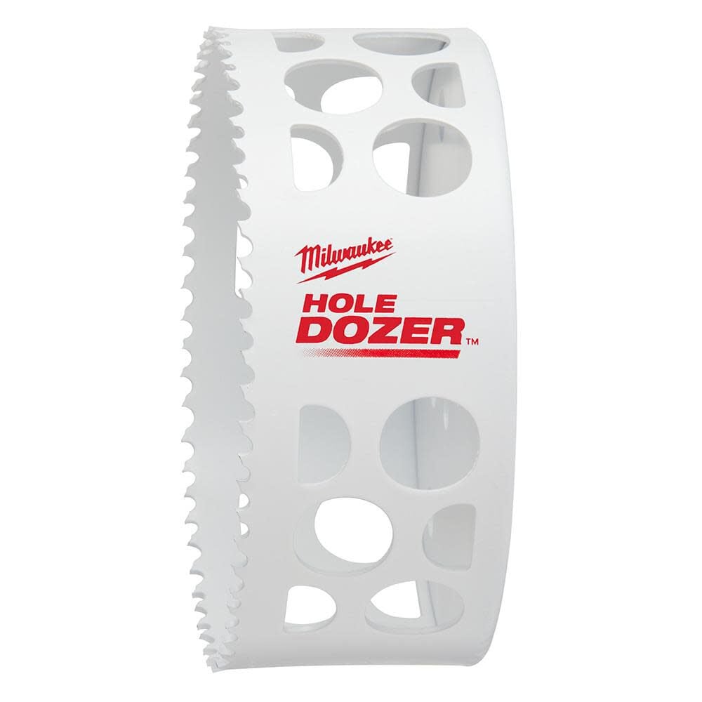 White bi-metal hole saw with serrated cutting edge and multiple ventilation holes, Milwaukee branding visible.