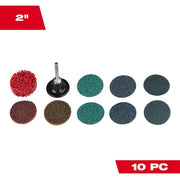 Ten 2-inch quick change sanding discs in various grits with black holder and metal shaft.