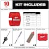 Red Milwaukee hole saw kit with 10 carbide-toothed bits, carrying case, and accessories displayed in flat lay.