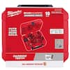 Red plastic case containing hole saw bits and accessories with carbide teeth, labeled Milwaukee BIG HAWG.