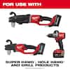 Milwaukee 10-piece hole saw kit with carbide teeth bits and red and black power drill and driver tools.