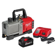 Milwaukee M18 FUEL vacuum pump with battery, charger, and carrying handle on white background.