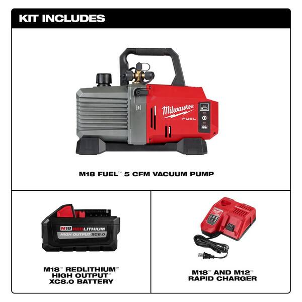 Red and gray M18 FUEL vacuum pump with black handle, M18 battery, and dual charger included in kit.