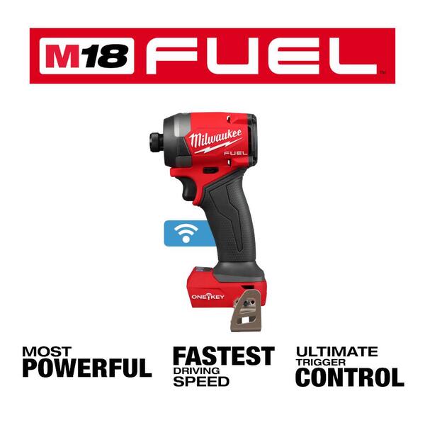 Milwaukee M18 FUEL red and black 1/4 inch hex impact driver with ONE-KEY connectivity displayed against white background.