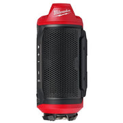 Red and black Milwaukee jobsite speaker with perforated grille front, control buttons on side, and PACKOUT base attachment.