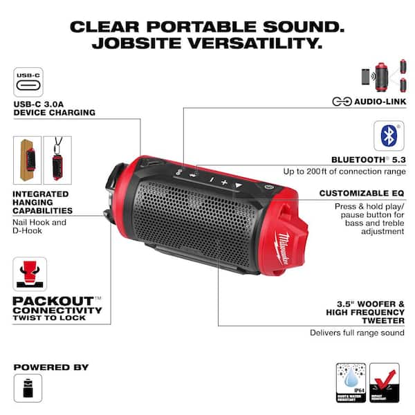 Milwaukee M12 red and black cylindrical Bluetooth speaker with integrated hanging hook and PACKOUT compatibility base.
