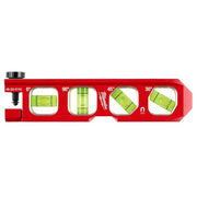 Red torpedo level with pipe lock clamp, four bubble vials marking 0°, 90°, 45°, and 30° angles.