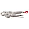 Milwaukee 7-inch curved locking pliers with red handle grip and adjustable torque lock mechanism.