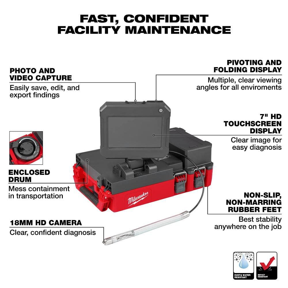 Milwaukee M12 drain camera system with red PACKOUT case, 7" touchscreen display, and attached camera probe.