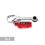 Milwaukee multi-bit mini ratchet with silver handle, red bit holder with five interchangeable bits, and black carabiner clip.