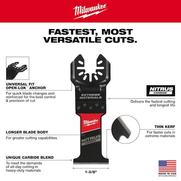 Milwaukee NITRUS CARBIDE multi-tool blade with OPEN-LOK anchor, thin kerf edge, and 1-3/8" width for cutting extreme material