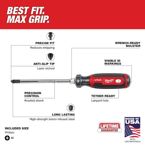 Milwaukee Num. 3, 6 inch Phillips Head Cushion Grip Screwdriver (USA) - MT203