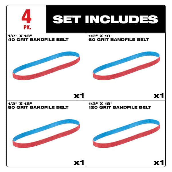 Milwaukee 1/2 in. x 18 in. Bandfile Belt Variety Pack 40, 60, 80, 120 grit - 48-80-9000