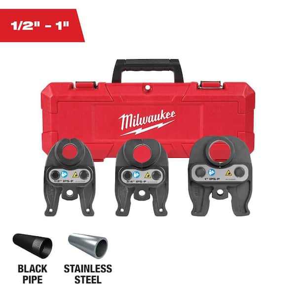 Milwaukee M18 FORCE LOGIC press ring kit with red carrying case containing three black pivoting press heads and black pipe an
