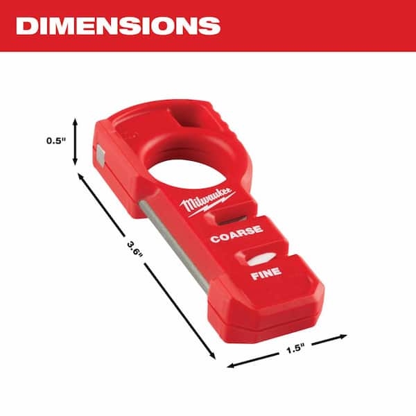 Red compact knife sharpener with coarse and fine sharpening slots, dimensions 3.6" x 1.5" x 0.5".