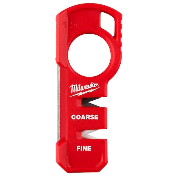 Red Milwaukee compact knife sharpener with coarse and fine sharpening slots and finger hole grip.