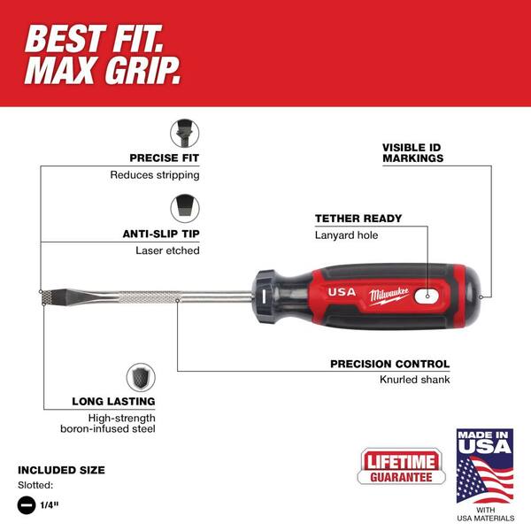 Milwaukee 1/4, 4 inch, Slotted Standard Cushion Grip Screwdriver (USA) - MT206