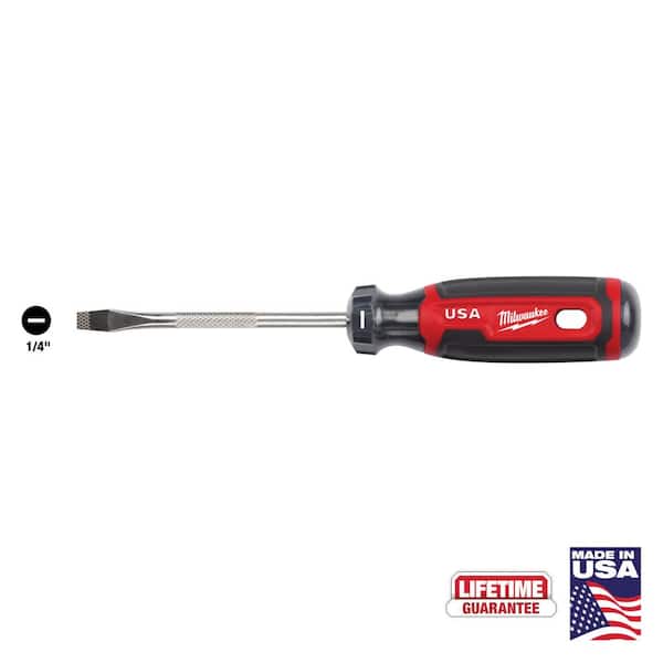 Milwaukee 1/4" slotted screwdriver with red and black cushion grip handle and metallic shaft.