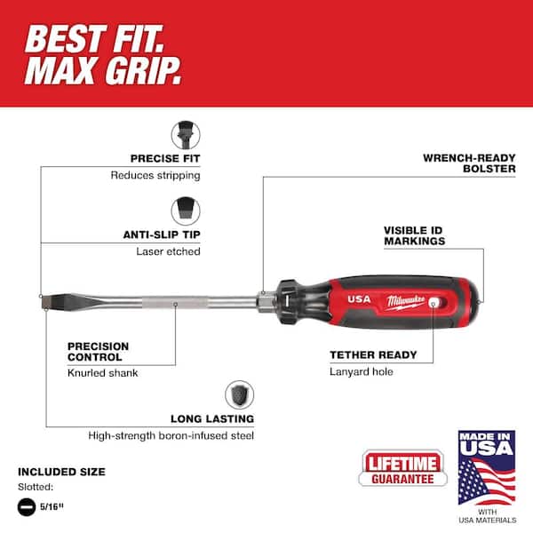 Milwaukee 5/16, 6 inch, Slotted Standard Cushion Grip Screwdriver (USA) - MT207