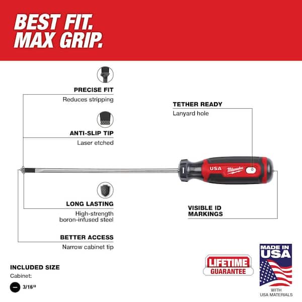 Red and black Milwaukee cabinet screwdriver with 3/16" slotted tip and cushion grip handle.