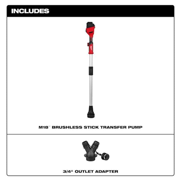 Milwaukee M18 brushless stick transfer pump with red and black motor head, aluminum shaft, and 3/4" outlet adapter included.