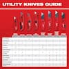 Red utility knife guide chart showing folding knife models with blade storage specifications and comparative measurements.