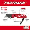 Red Milwaukee FASTBACK folding utility knife with blade storage compartment and pull-to-flip blade mechanism.