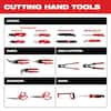 Milwaukee FASTBACK 6-in-1 folding utility knife with red and black handle and multiple tool attachments displayed.