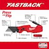 Milwaukee red and black folding utility knife with multiple blade options and closed position display.