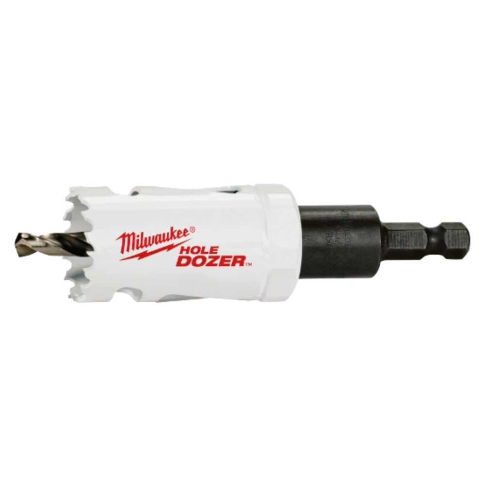 Milwaukee HOLE DOZER bi-metal hole saw with white cylindrical body, black shaft, and metal cutting teeth.