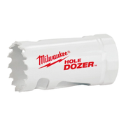White cylindrical Milwaukee HOLE DOZER bi-metal hole saw with serrated cutting edge and pilot bit.