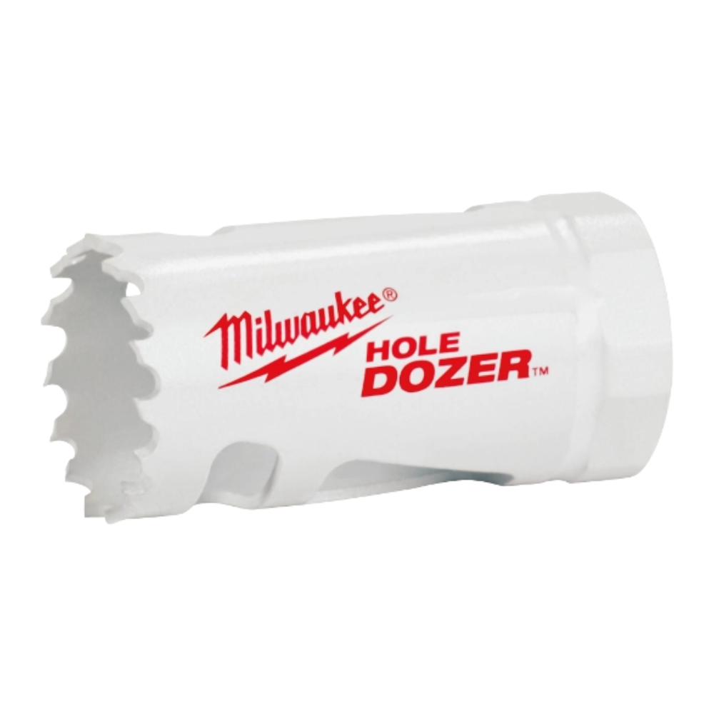 White cylindrical bi-metal hole saw with serrated cutting edge and Milwaukee HOLE DOZER branding.