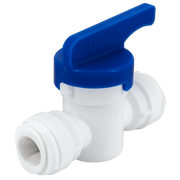White plastic ball valve with blue lever handle and two push-fit connectors for 3/8" tubing.