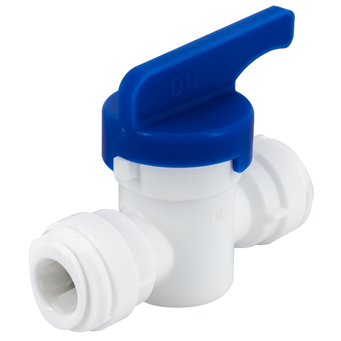 White plastic ball valve with blue lever handle and two push-fit connectors for 3/8" tubing.