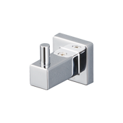 Polished chrome robe hook with square backplate and cylindrical hook protruding from left side.