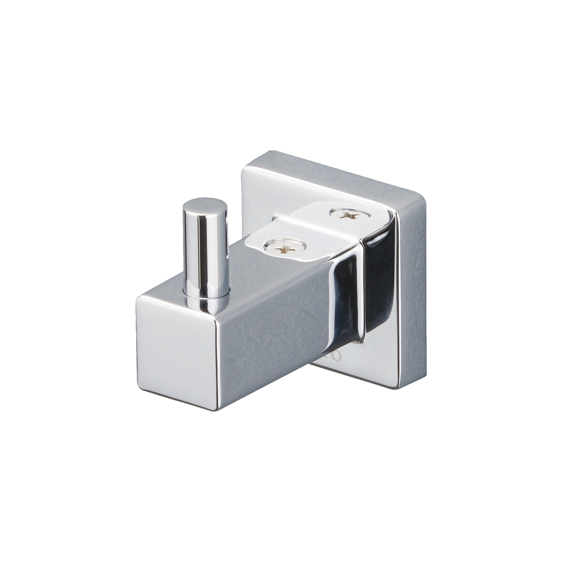 Polished chrome robe hook with square backplate and cylindrical hook protruding from left side.