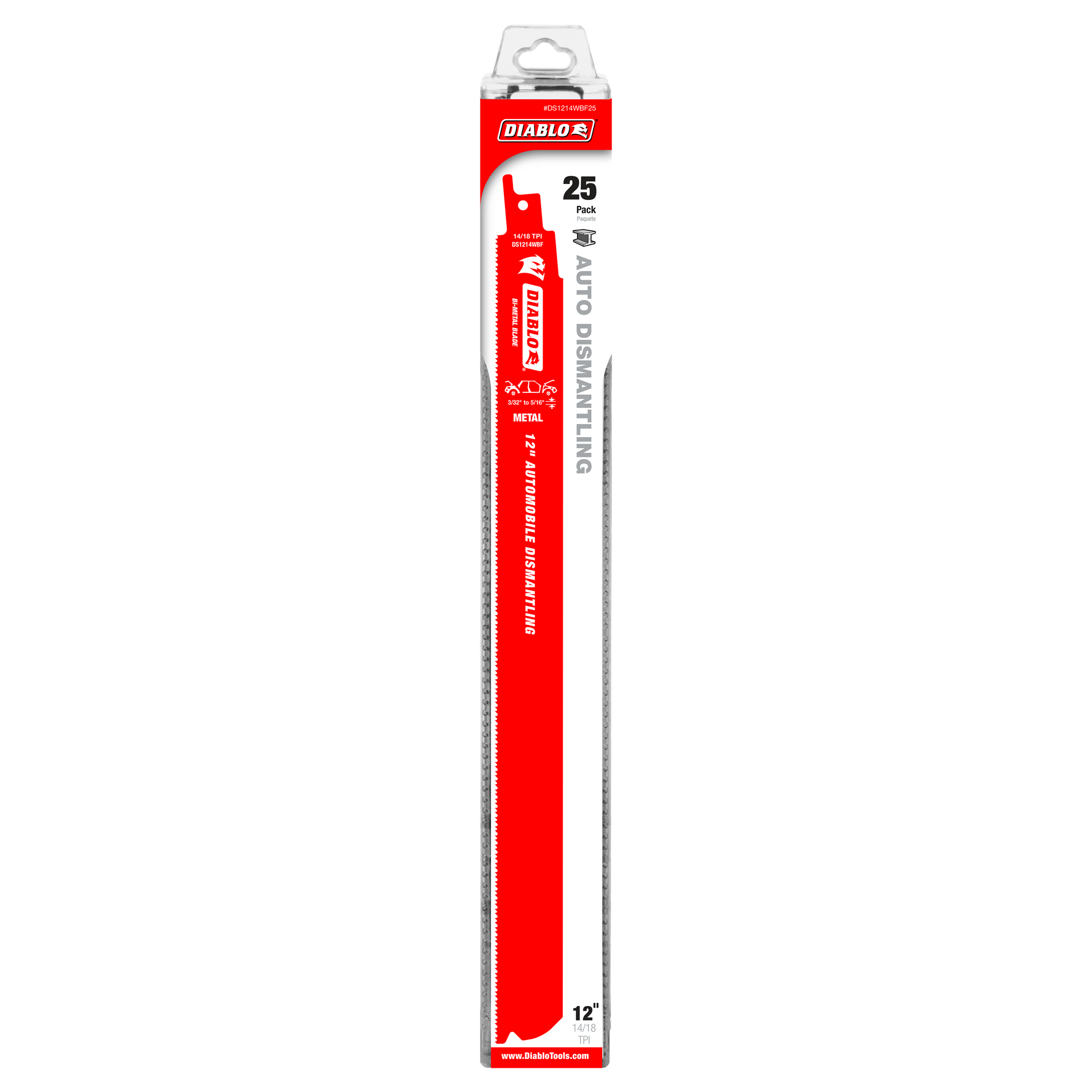 Diablo 12-inch bi-metal reciprocating saw blade in red and silver packaging, 25-pack for metal cutting.
