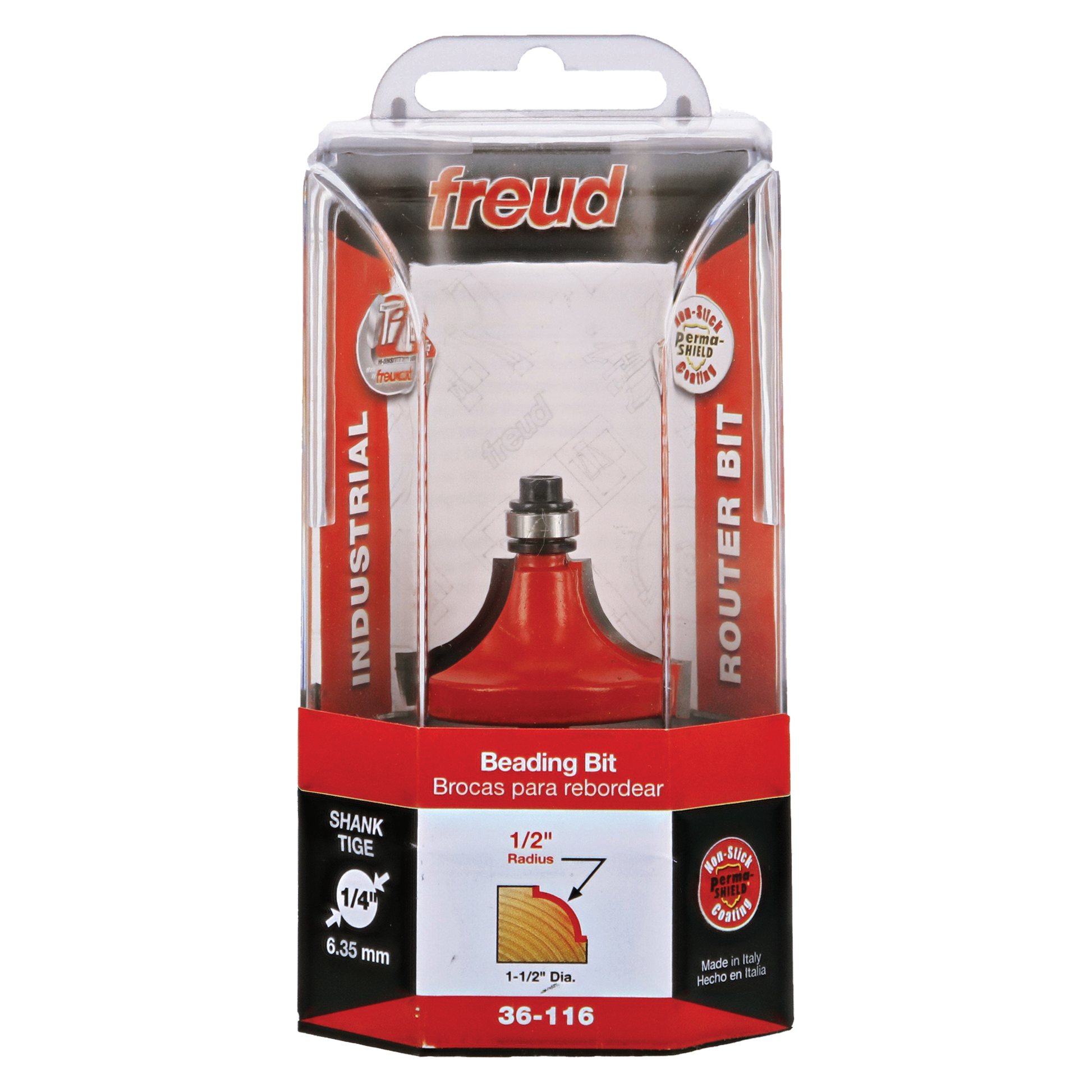 Red Freud beading router bit with 1/2" radius in clear plastic clamshell packaging.