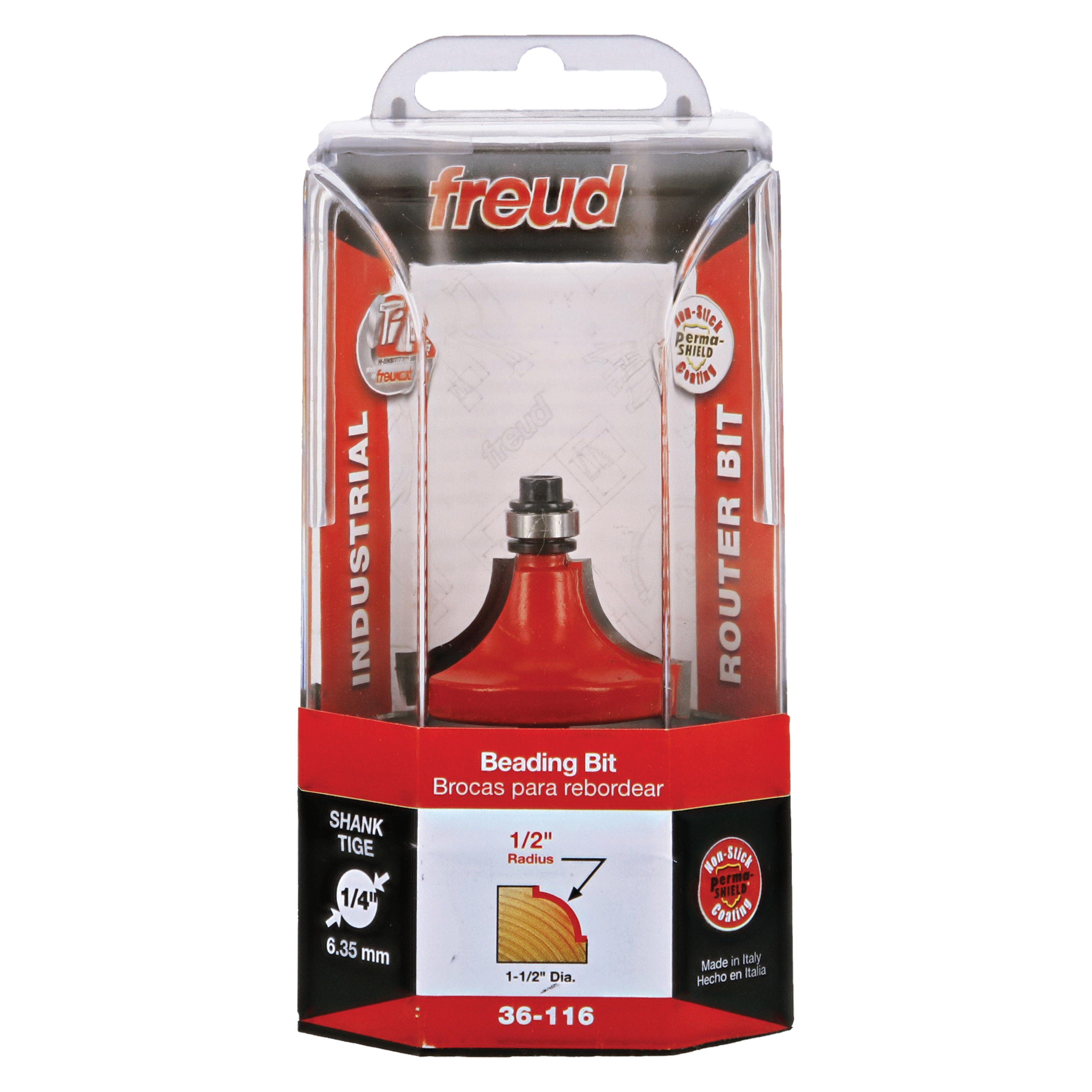 Red Freud beading router bit with 1/2" radius in clear plastic clamshell packaging.