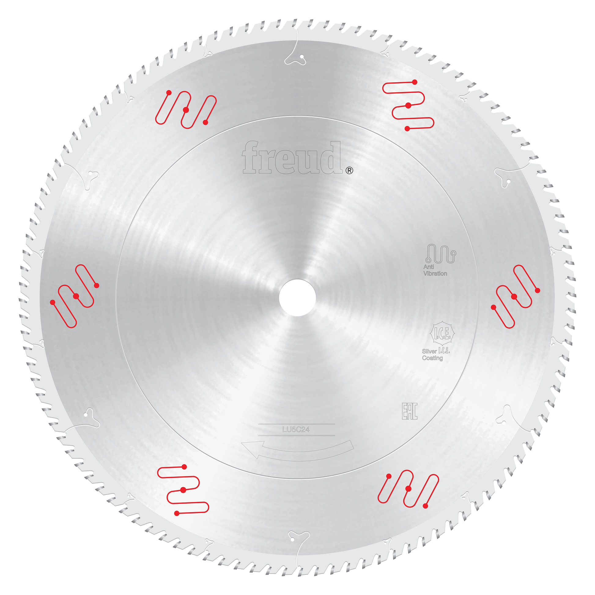 Freud LU5C24 450mm circular saw blade with silver coating and red wave pattern markings around the edge.
