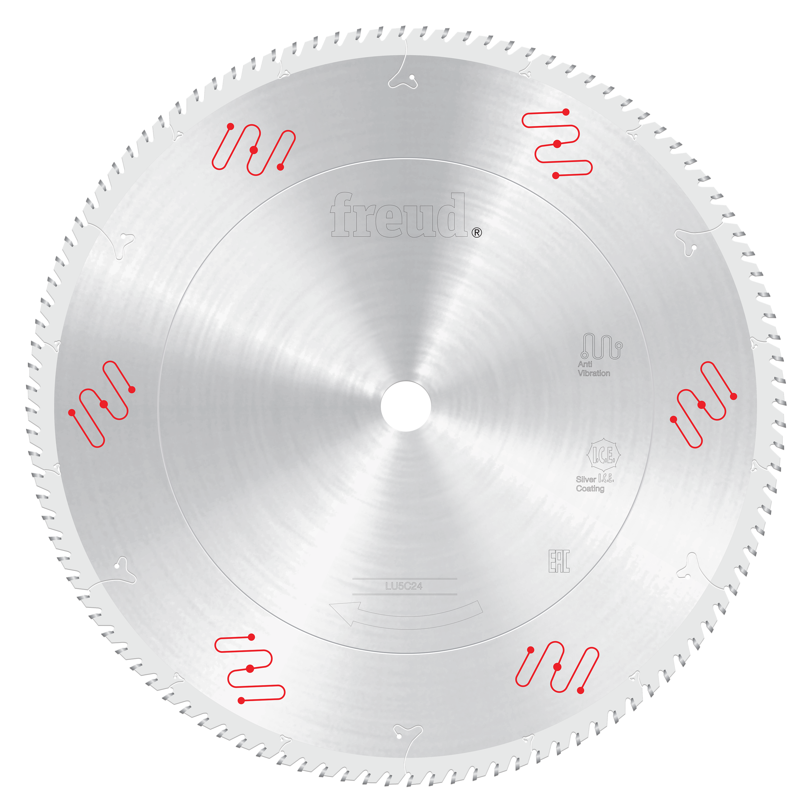 Freud LU5C24 450mm circular saw blade with silver coating and red wave pattern markings around the edge.