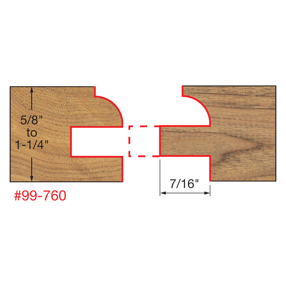 Freud 99-760 router bit diagram showing round-over cutting profile with adjustable rail and stile measurements marked.