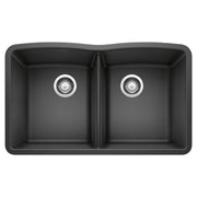 Anthracite double bowl undermount kitchen sink with two equal-sized compartments and chrome drain fixtures.