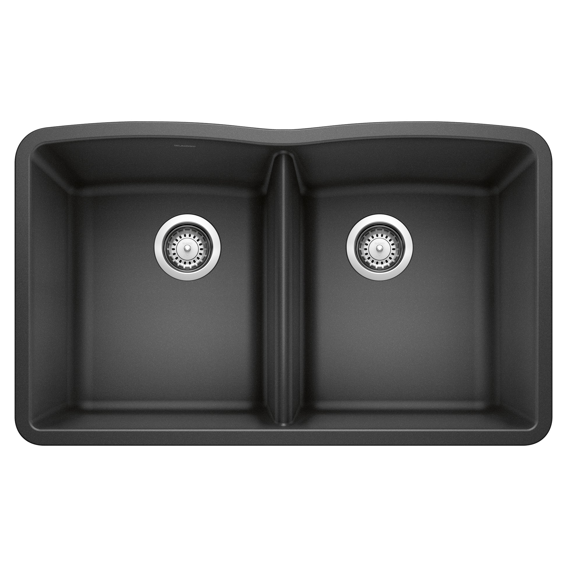 Anthracite double bowl undermount kitchen sink with two equal-sized compartments and chrome drain fixtures.