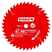 Red circular saw blade with 40 teeth, 6-inch diameter, labeled Diablo D0640 with arbor size 1/2 inch.